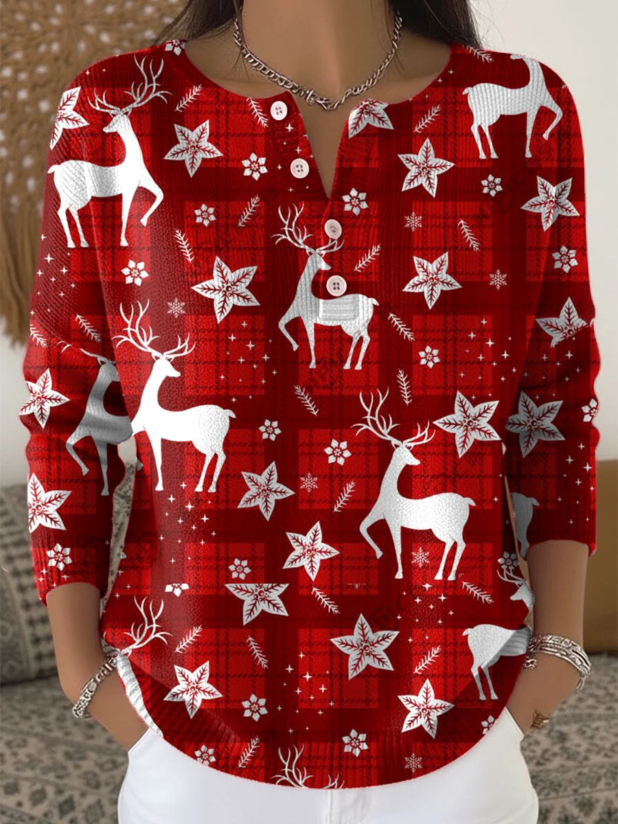 Vintage Kerst Art Print Vest – Gebreide Cardigan met Knopen en Klassiek Winterdesign