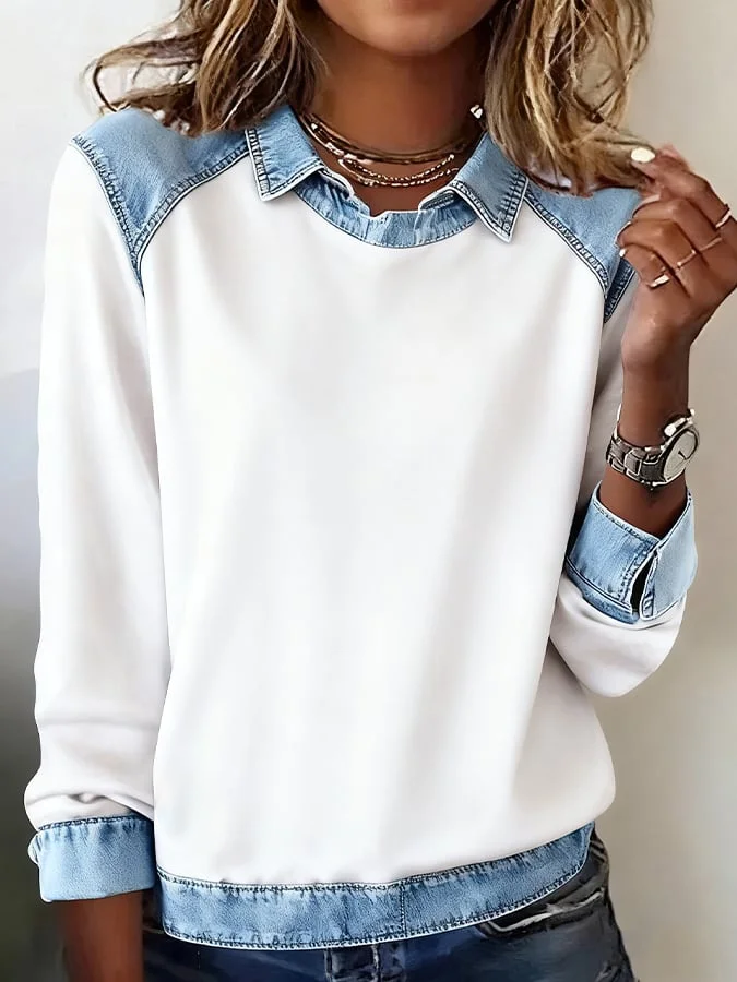 Casual Dames Pullover met Denim Kraag en Stikselaccenten – Stijlvolle Sweater met Unieke Spijkerlook 1