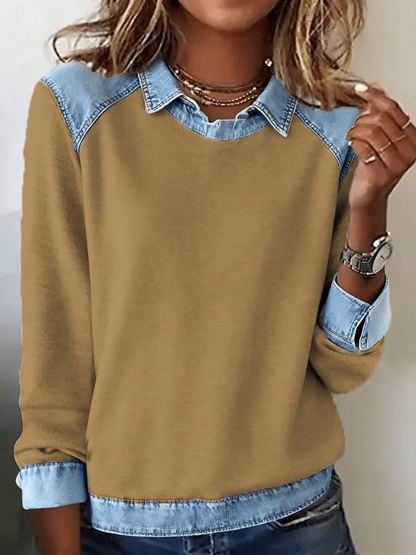 Casual Dames Pullover met Denim Kraag en Stikselaccenten – Stijlvolle Sweater met Unieke Spijkerlook 7