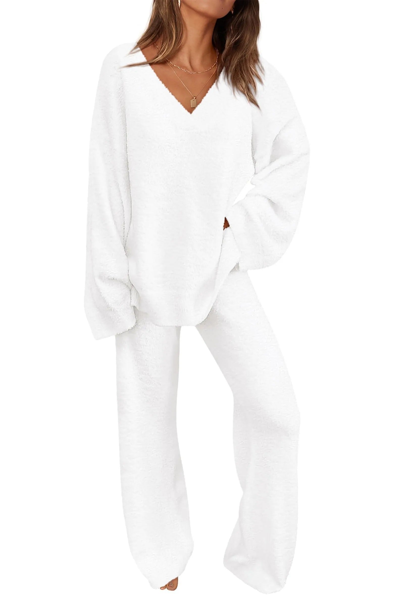 Dames 2-delige Oversized V-Hals Fuzzy Lounge Set – Comfortabele & Stijlvolle Loungewear 0