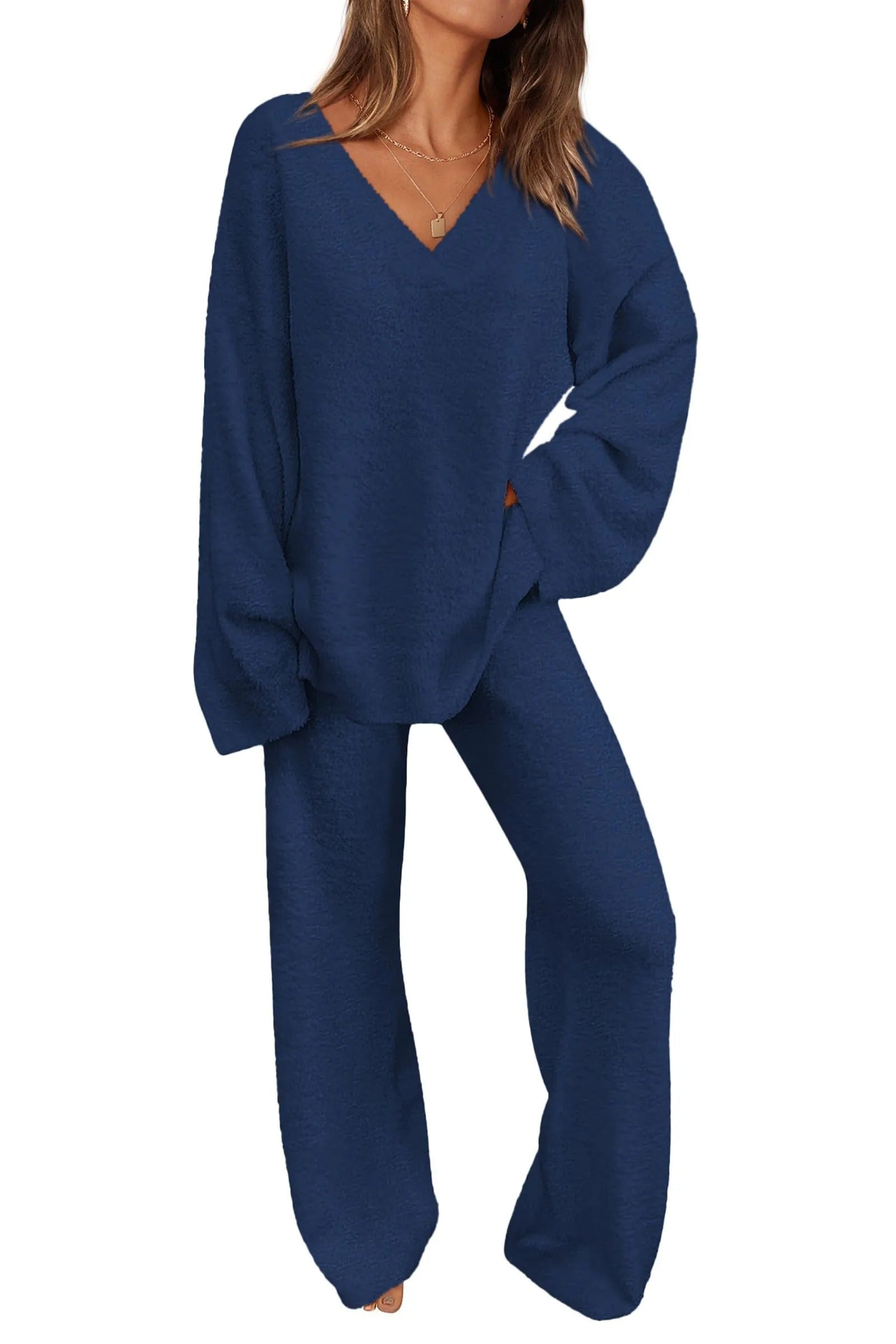Dames 2-delige Oversized V-Hals Fuzzy Lounge Set – Comfortabele & Stijlvolle Loungewear 2