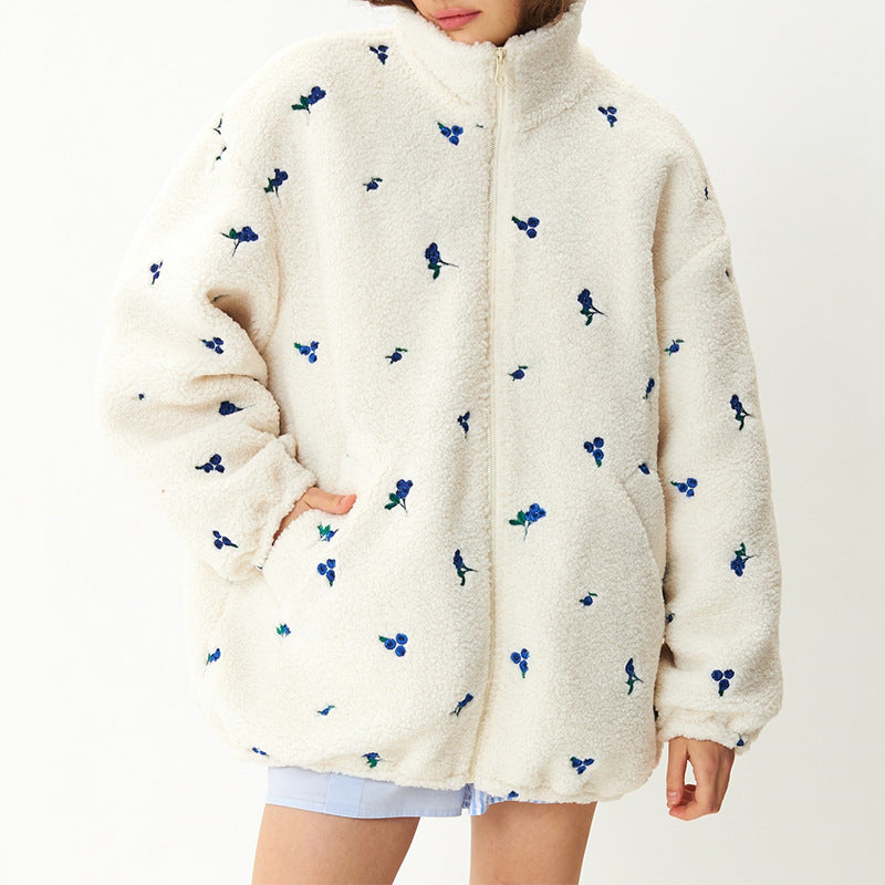 Dames Fleecejack met Bloemenborduursel – Comfortabel Oversized Fleece met Hoge Halslijn en Twee Zijzakken 2