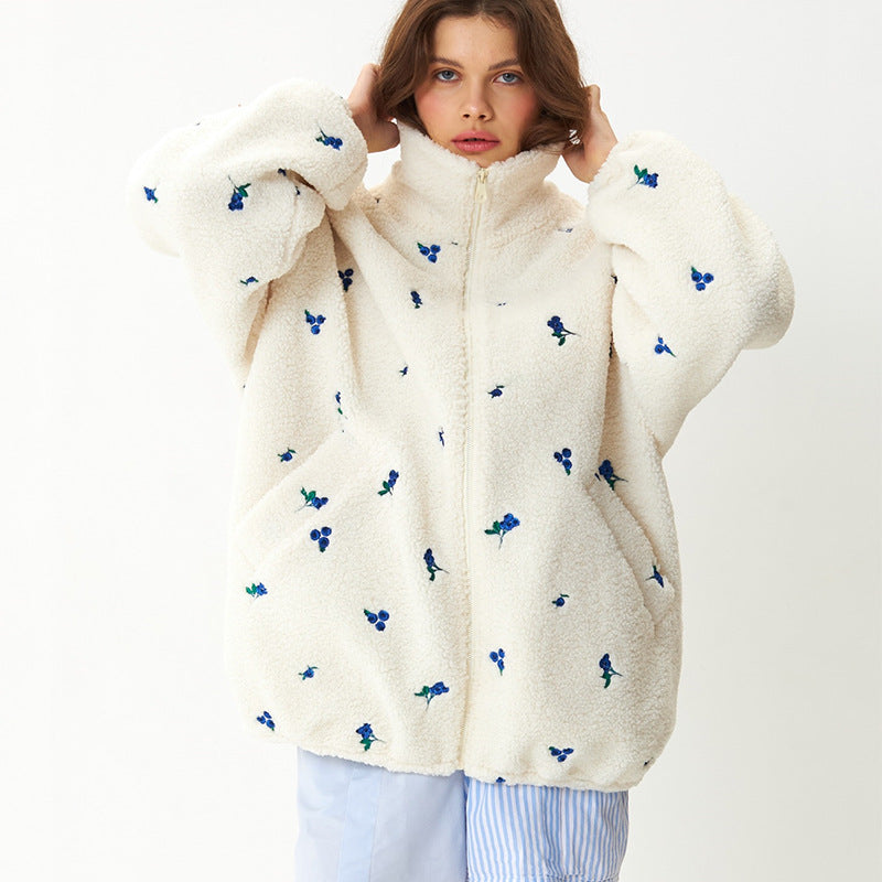 Dames Fleecejack met Bloemenborduursel – Comfortabel Oversized Fleece met Hoge Halslijn en Twee Zijzakken 3