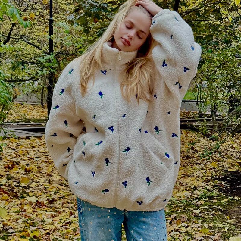 Dames Fleecejack met Bloemenborduursel – Comfortabel Oversized Fleece met Hoge Halslijn en Twee Zijzakken 4