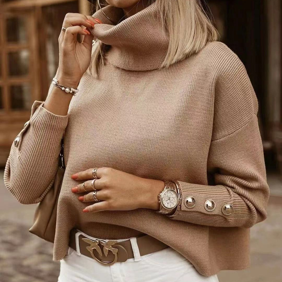 Dames Katoenen Coltrui met Knoopdetails – Elegante Lange Mouwen in Zwart, Grijs of Beige 0