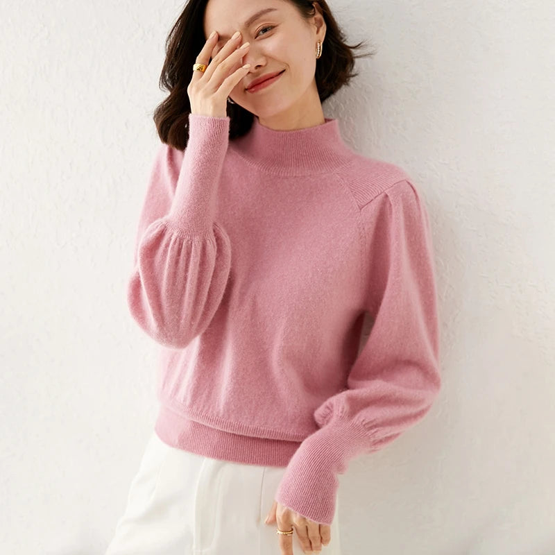 Damestrui met Ballonmouwen en Opstaande Kraag - Elegante en Comfortabele Dames Truien voor Kantoor en Casual Gebruik 2