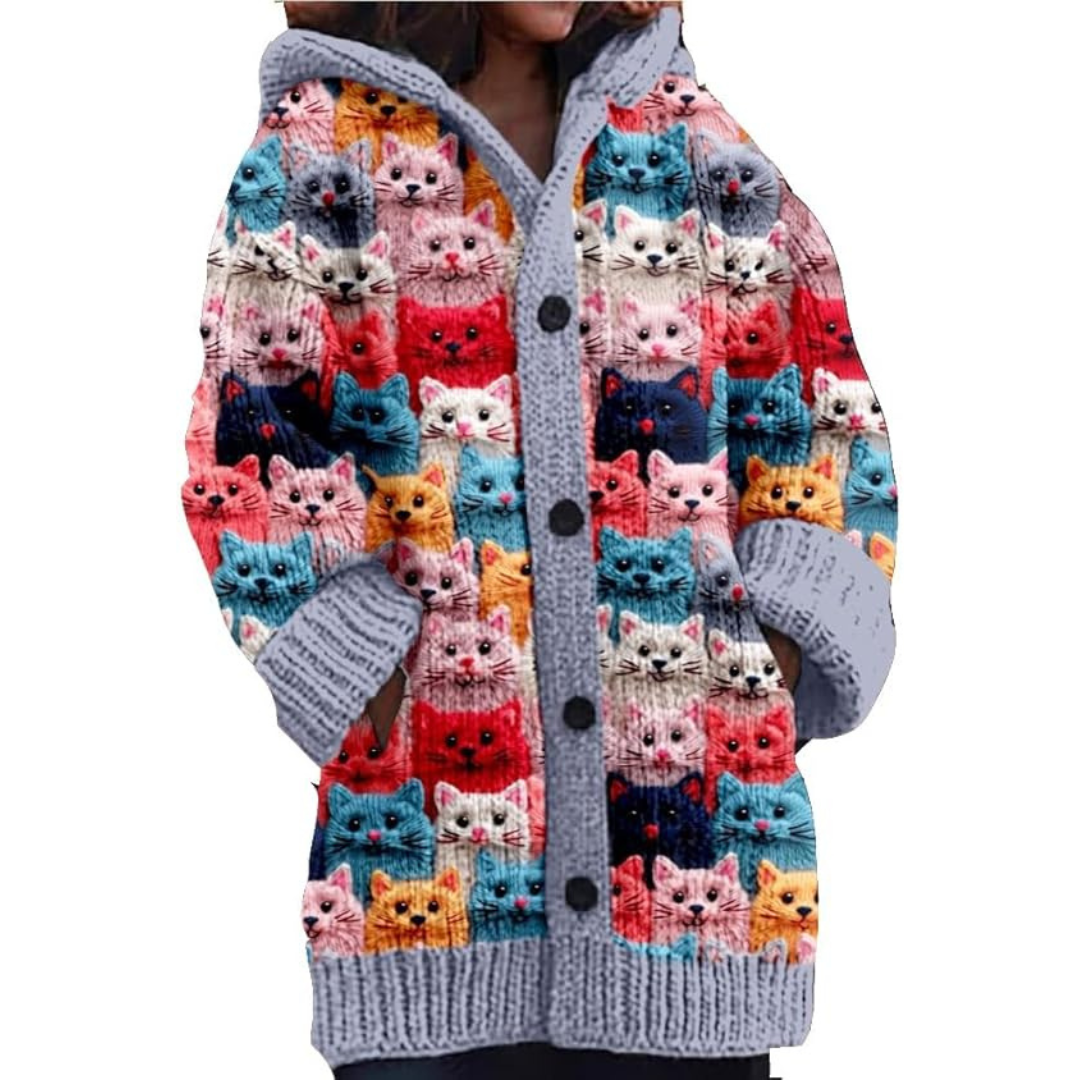 Damesvest met Capuchon en Kattenprint – Casual Multicolor Cardigan voor Elke Outfit 1