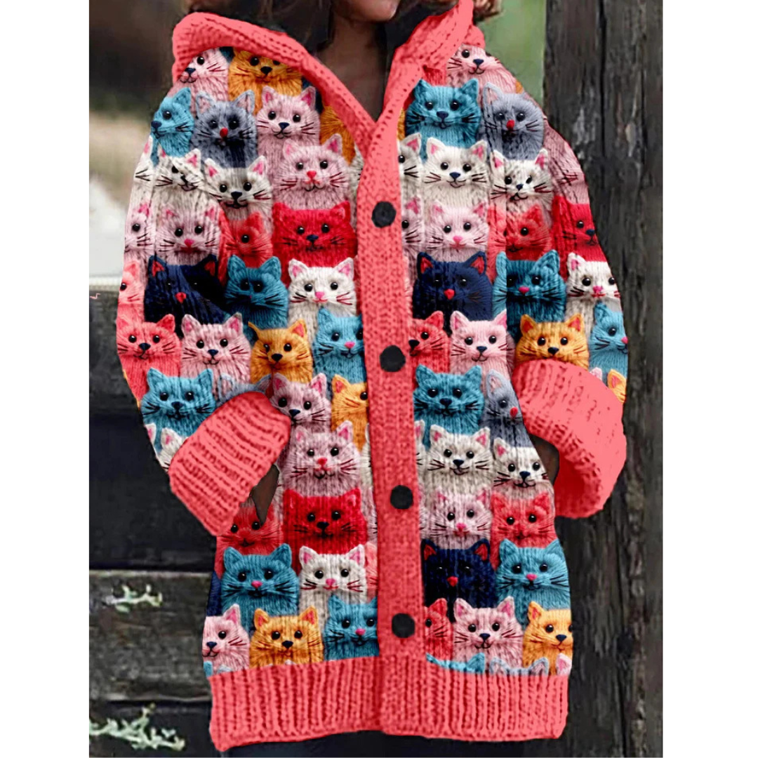 Damesvest met Capuchon en Kattenprint – Casual Multicolor Cardigan voor Elke Outfit 2