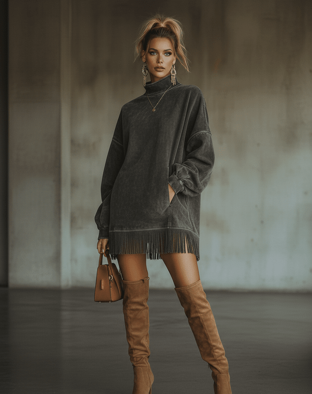Elegante Boho Chic Jurk met Franjes en Lange Mouwen van Suèdine – Oversized Coltrui Jurk tot de Knie 0