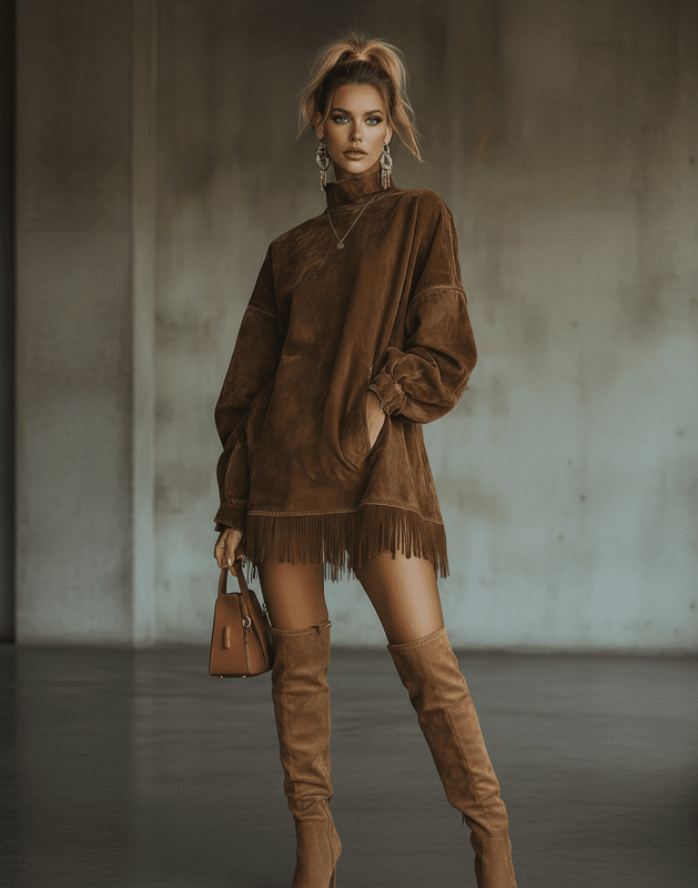 Elegante Boho Chic Jurk met Franjes en Lange Mouwen van Suèdine – Oversized Coltrui Jurk tot de Knie 1