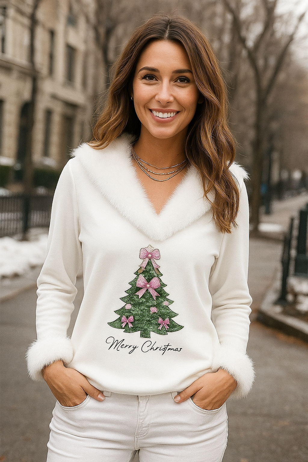 Elegante Casual Tops Dames met V-hals en Kerstboomprint voor Feestelijke Gelegenheden – Perfect voor Winteroutfits 1