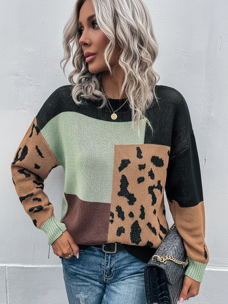 Elegante Casual Trui Dames met Patchworkdesign en Dierenprint – Relaxed Fit voor Herfst en Winter 0