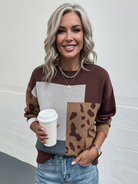 Elegante Casual Trui Dames met Patchworkdesign en Dierenprint – Relaxed Fit voor Herfst en Winter 1