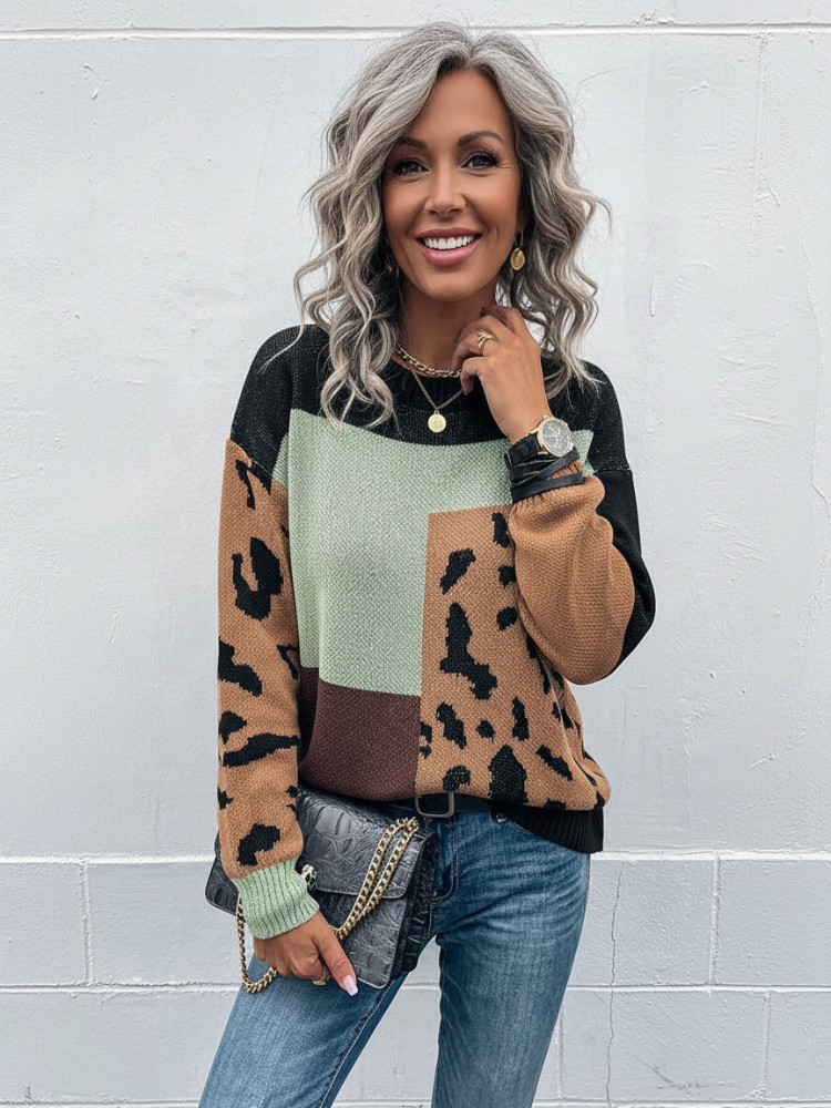 Elegante Casual Trui Dames met Patchworkdesign en Dierenprint – Relaxed Fit voor Herfst en Winter 2