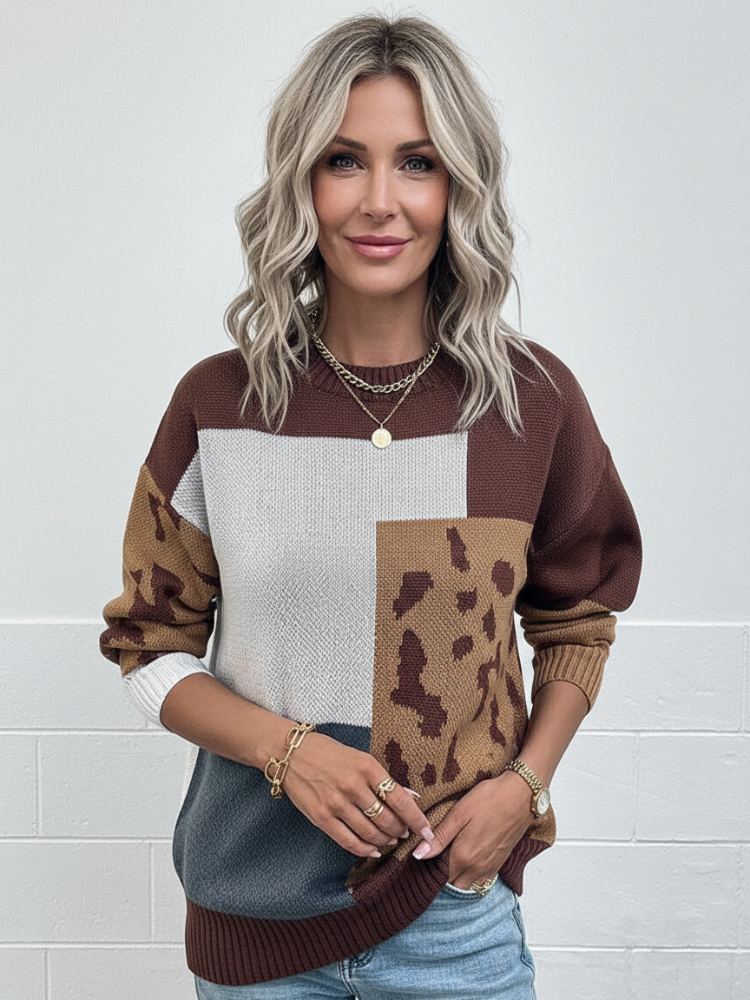 Elegante Casual Trui Dames met Patchworkdesign en Dierenprint – Relaxed Fit voor Herfst en Winter 3