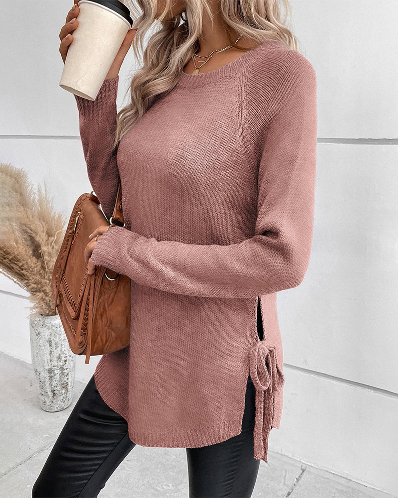 Elegante Geribde Trui met Vetersluiting voor Dames – Luxe Acryl Polyester Mix, Ronde Hals, Geschikt voor Alle Seizoenen 2