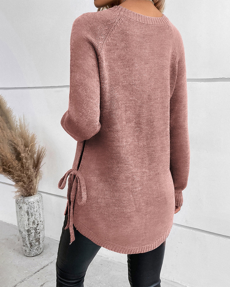 Elegante Geribde Trui met Vetersluiting voor Dames – Luxe Acryl Polyester Mix, Ronde Hals, Geschikt voor Alle Seizoenen 3