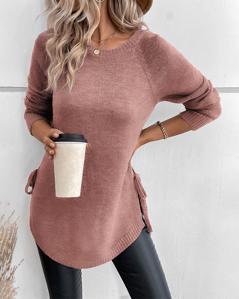 Elegante Geribde Trui met Vetersluiting voor Dames – Luxe Acryl Polyester Mix, Ronde Hals, Geschikt voor Alle Seizoenen 4