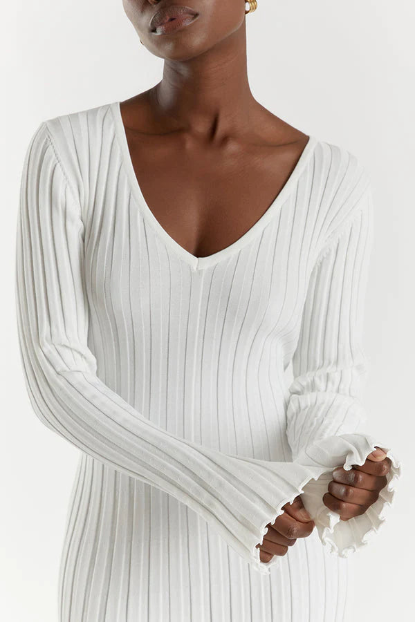 Elegante Midi Jurk Dames met V-hals en Lange Mouwen – Zachte Gebreide Stof voor Bruiloft en Feestgelegenheden 1