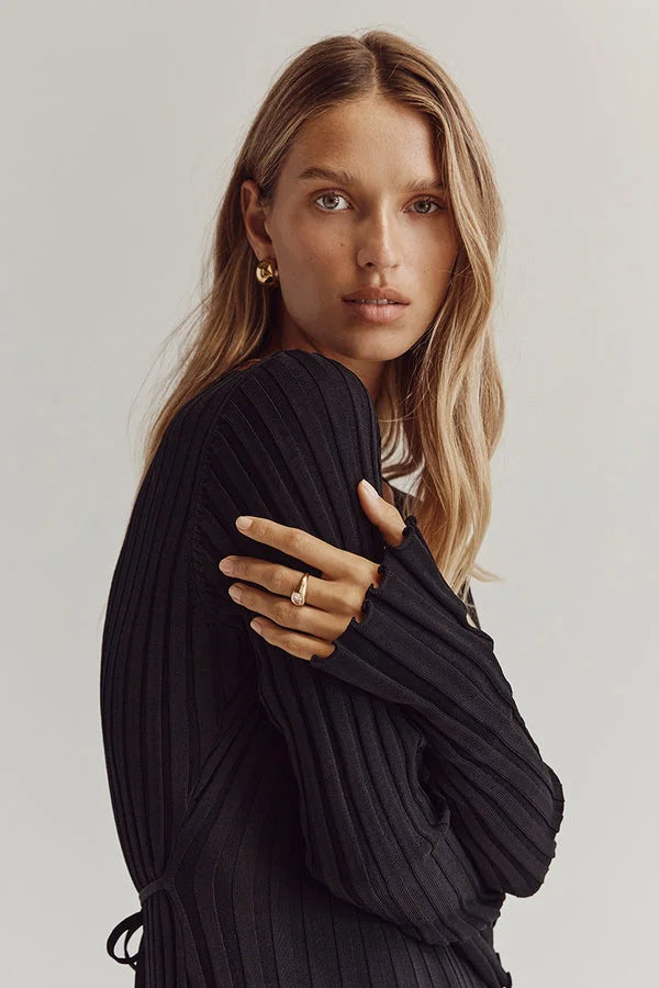 Elegante Midi Jurk Dames met V-hals en Lange Mouwen – Zachte Gebreide Stof voor Bruiloft en Feestgelegenheden 6