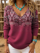 Elegante V-hals Trui met Lange Mouwen en Bohemian Print voor Dames - Comfortabele Casual Sweater 3