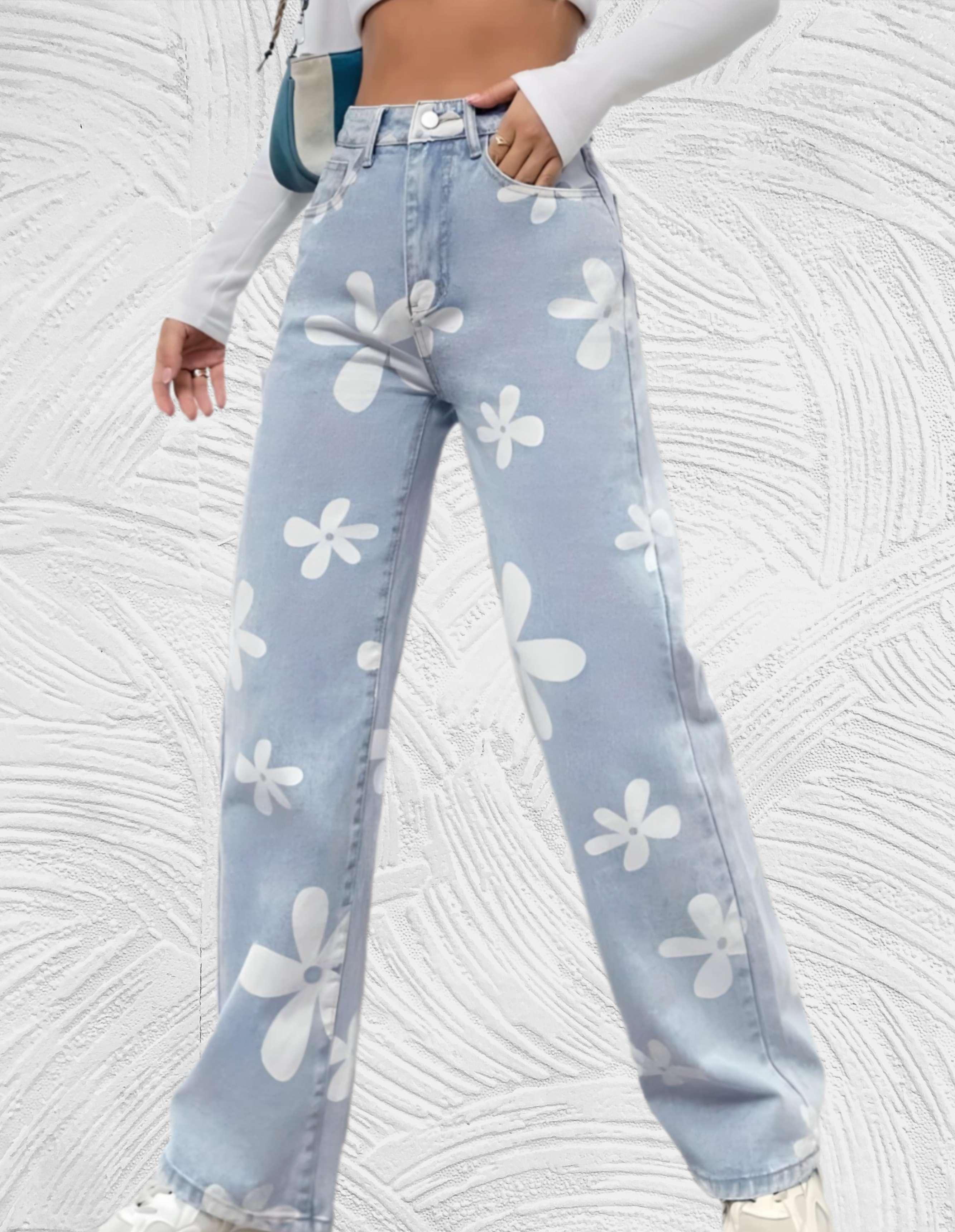 Frea - Denim jeans met hoge taille wijde pijpen met print van witte bloemen - Miller-Mode