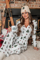 Geribbelde Loungewear Set Dames met Bomenprint – V-hals Bodysuit en Wijde Pijpen – Wit, Groen, Bruin 0