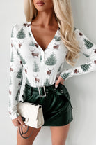 Geribbelde Loungewear Set Dames met Bomenprint – V-hals Bodysuit en Wijde Pijpen – Wit, Groen, Bruin 1