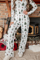 Geribbelde Loungewear Set Dames met Bomenprint – V-hals Bodysuit en Wijde Pijpen – Wit, Groen, Bruin 3