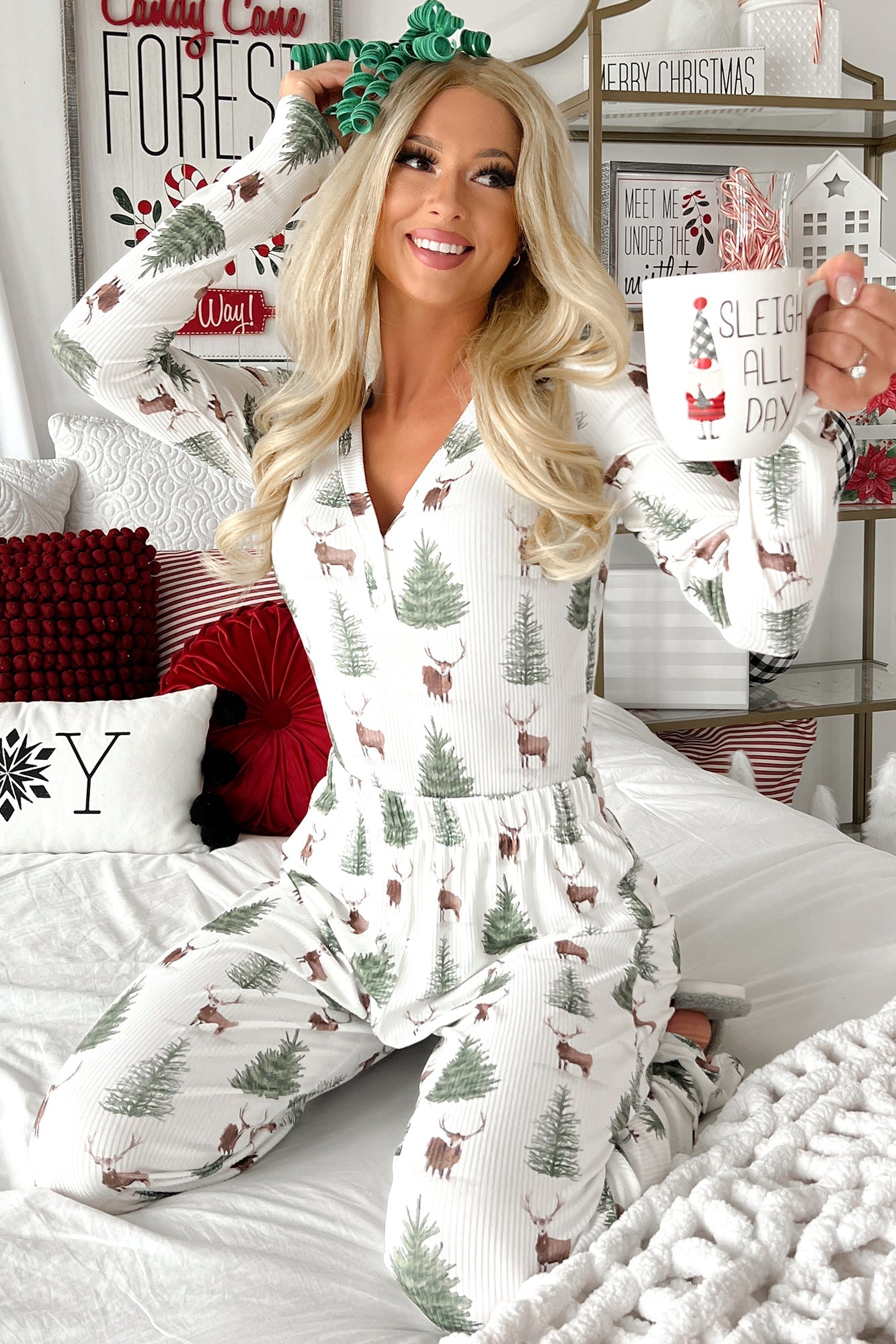 Geribbelde Loungewear Set Dames met Bomenprint – V-hals Bodysuit en Wijde Pijpen – Wit, Groen, Bruin 8