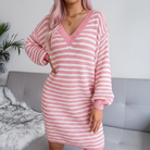 Gestreepte Trui Jurk Dames met V-hals – Comfortabele en Elegante Jurk voor Casual en Formele Gelegenheden 2