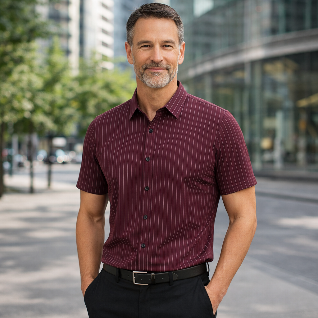 Getailleerd Overhemd Heren met Korte Mouwen en Krijtstrepen – Ademend en Stretchy, Perfect voor Casual en Zakelijke Looks 00