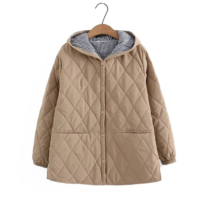 Gewatteerde Damesjas Winter met Capuchon en Knoopsluiting – Stijlvol Ruitpatroon voor Dagelijks Gebruik 2