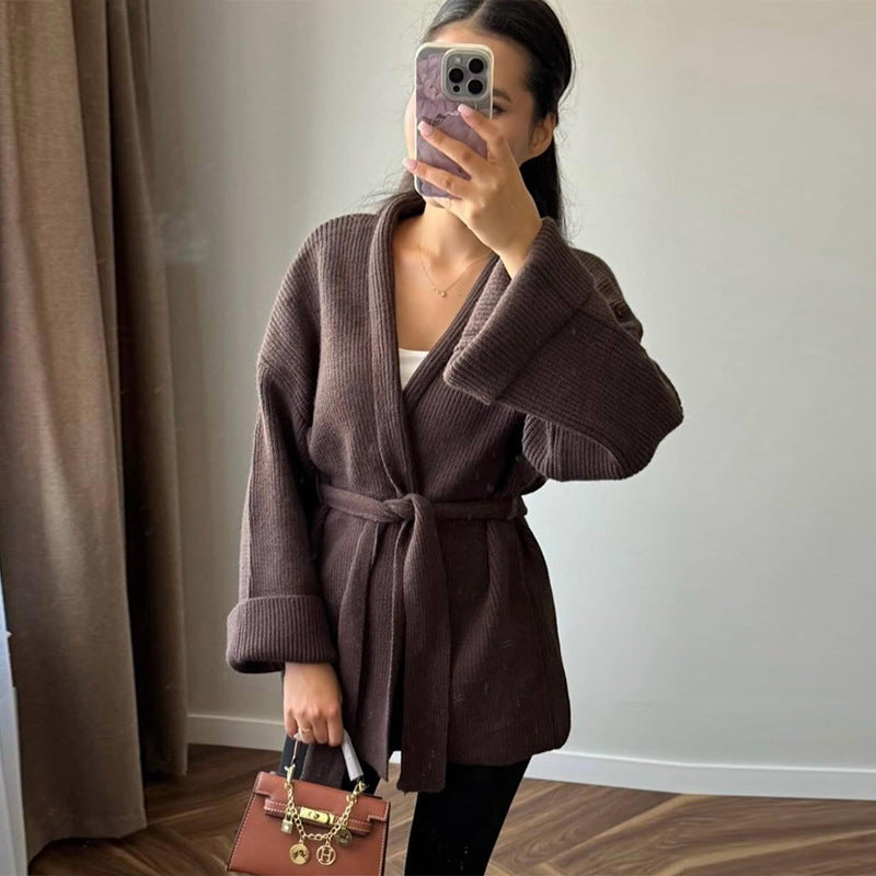 Gezellige Gebreide Dames Jas met Afneembare Riem – Lange Wikkelstijl voor Koude Dagen 0