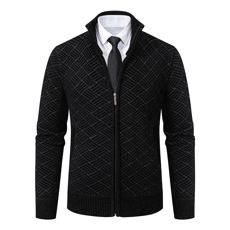 Grof Gebreid Jack met Rits en Opstaande Kraag – Casual Elegant Geometrisch Patroon, Regular Fit, Zacht Katoen-Acryl 0
