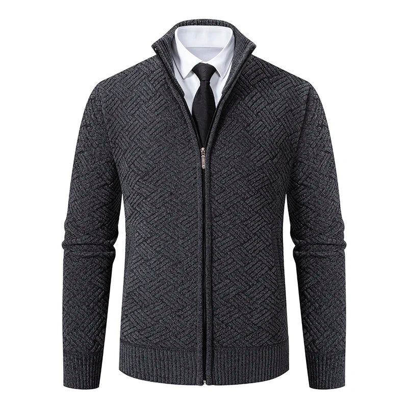 Grof Gebreid Jack met Rits en Opstaande Kraag – Casual Elegant Geometrisch Patroon, Regular Fit, Zacht Katoen-Acryl 1