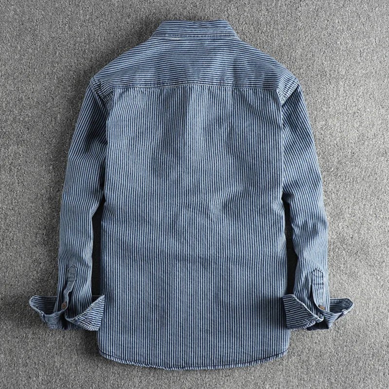 Heren Denim Overhemd met Gestreept Patroon, Lange Mouwen en Twee Borstzakken - Vintage Stijl 2