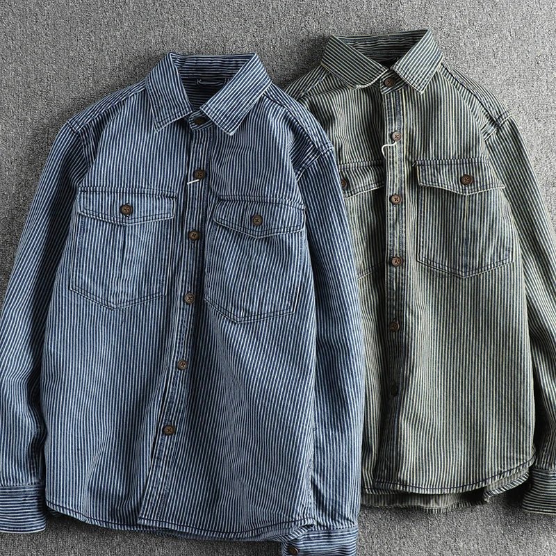 Heren Denim Overhemd met Gestreept Patroon, Lange Mouwen en Twee Borstzakken - Vintage Stijl 3