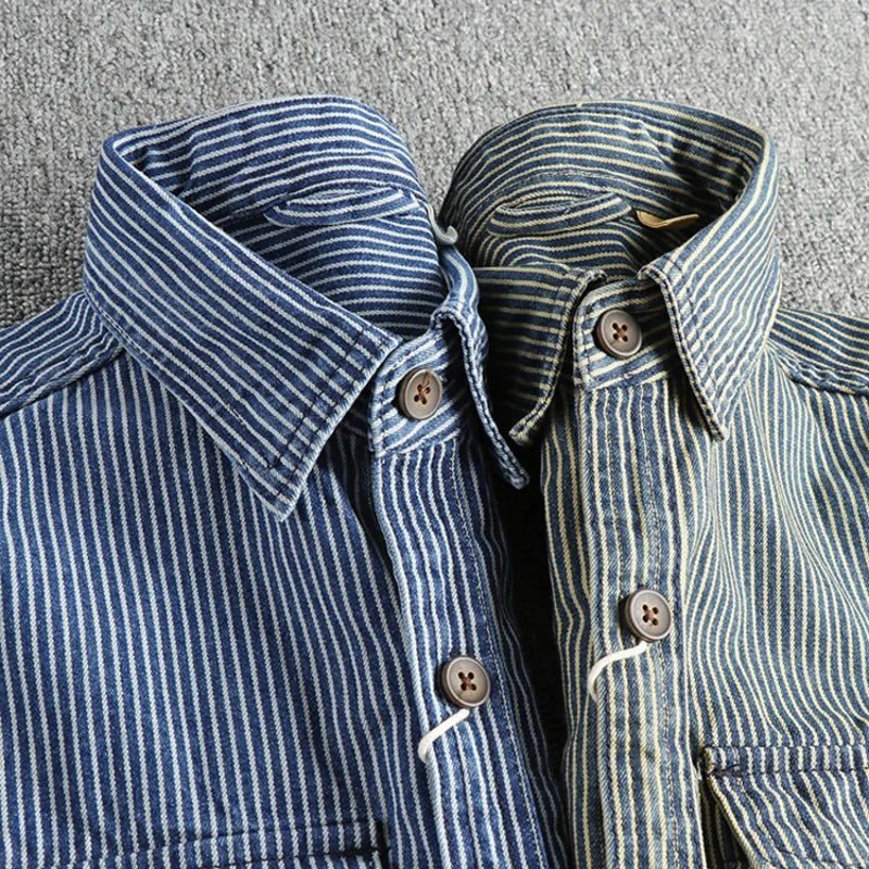 Heren Denim Overhemd met Gestreept Patroon, Lange Mouwen en Twee Borstzakken - Vintage Stijl 4