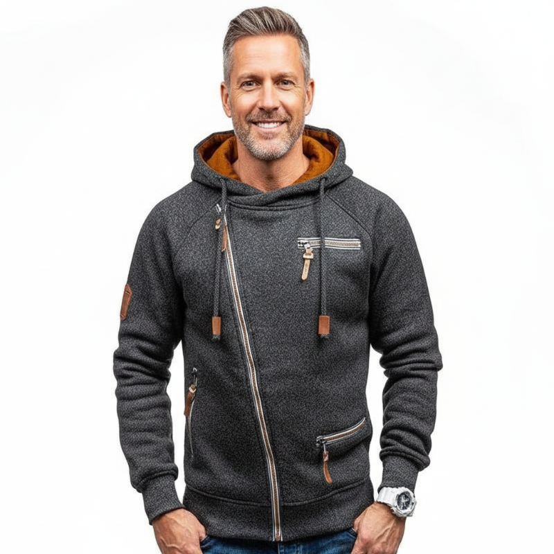 Heren Hoodie met Asymmetrische Ritssluiting van Katoen – Comfortabele Winter Hoodie voor Heren met Zakken 0