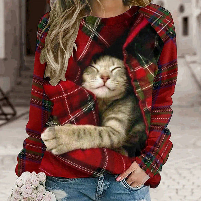 Kersttrui Dames met Kattenprint – Warme Loose Fit Sweater voor een Feestelijke Look 0