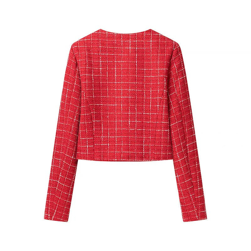 Klassiek Ruitpatroon Dames Tussenjas met Decoratieve Knopen – Elegant Korte Jasje voor Formele en Casual Gelegenheden 2