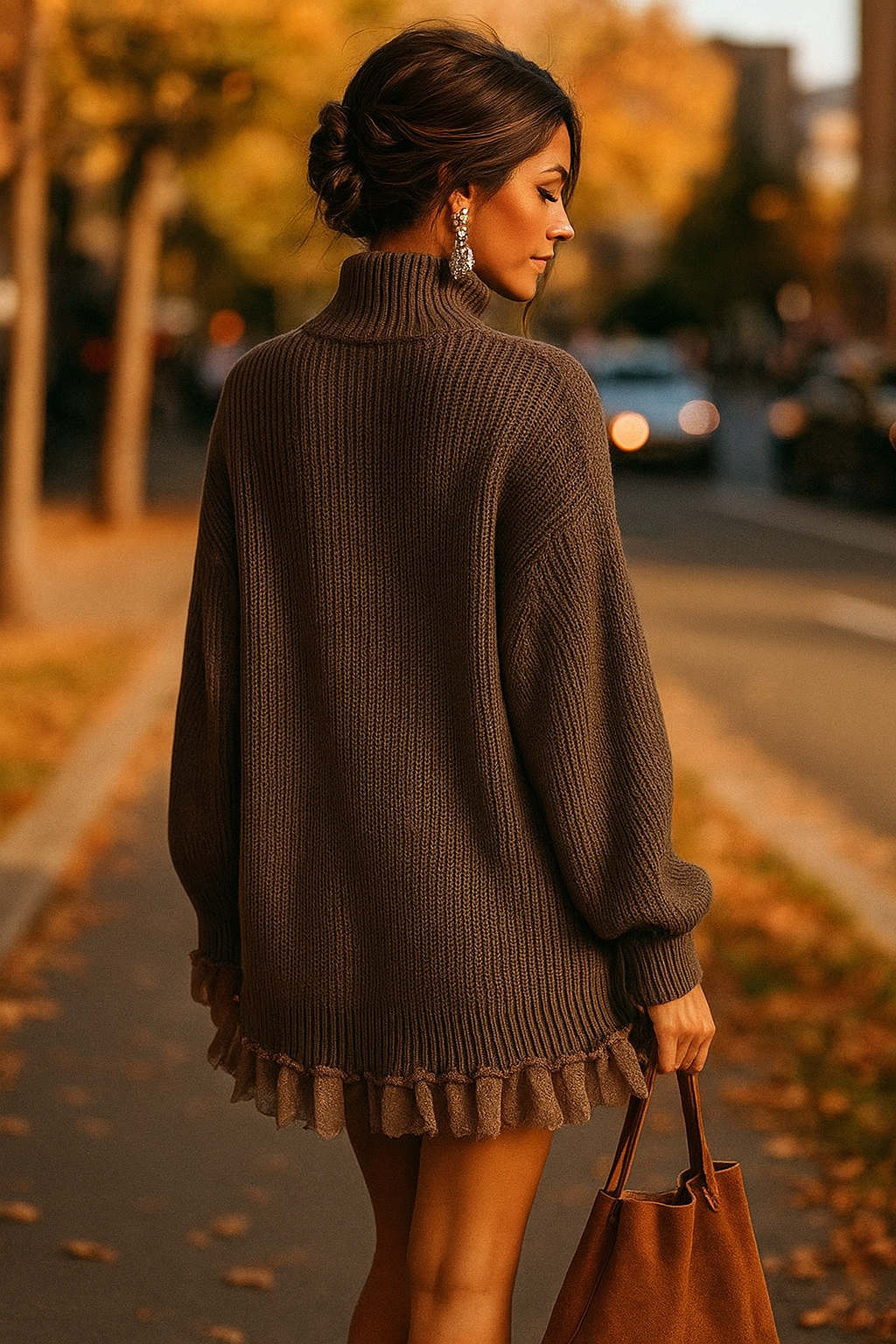 Lange Gebreide Jurk Dames met Hoge Hals en Delicate Ruches – Comfortabele en Elegante Pasvorm in Neutrale Tint 1