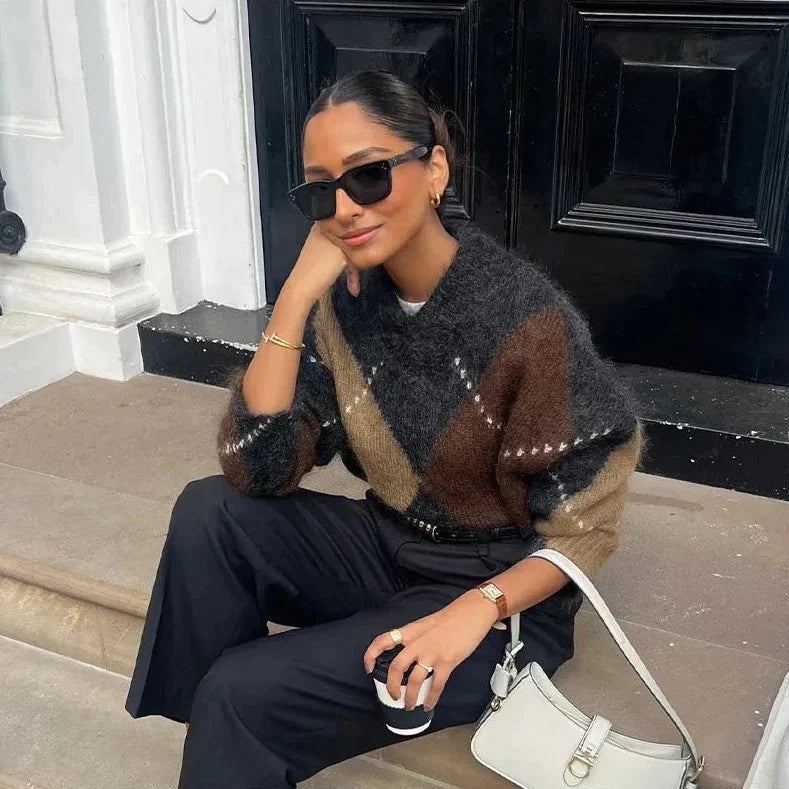 Leuke Damestrui met Ruitpatroon en Ronde Hals voor Vrijetijdskleding - Comfortabele en Stijlvolle Pasvorm 1