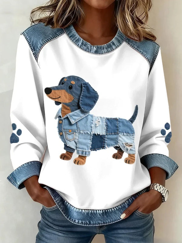 Lilah Sweatshirt met Teckelprint en Denimstijl – Comfortabele Relaxed Fit voor Dierenliefhebbers 0