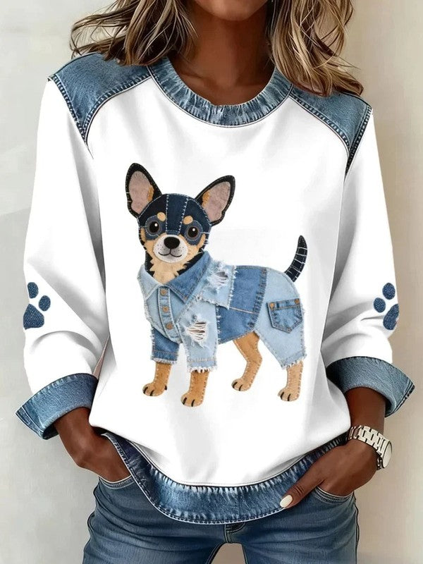 Lilah Sweatshirt met Teckelprint en Denimstijl – Comfortabele Relaxed Fit voor Dierenliefhebbers 4