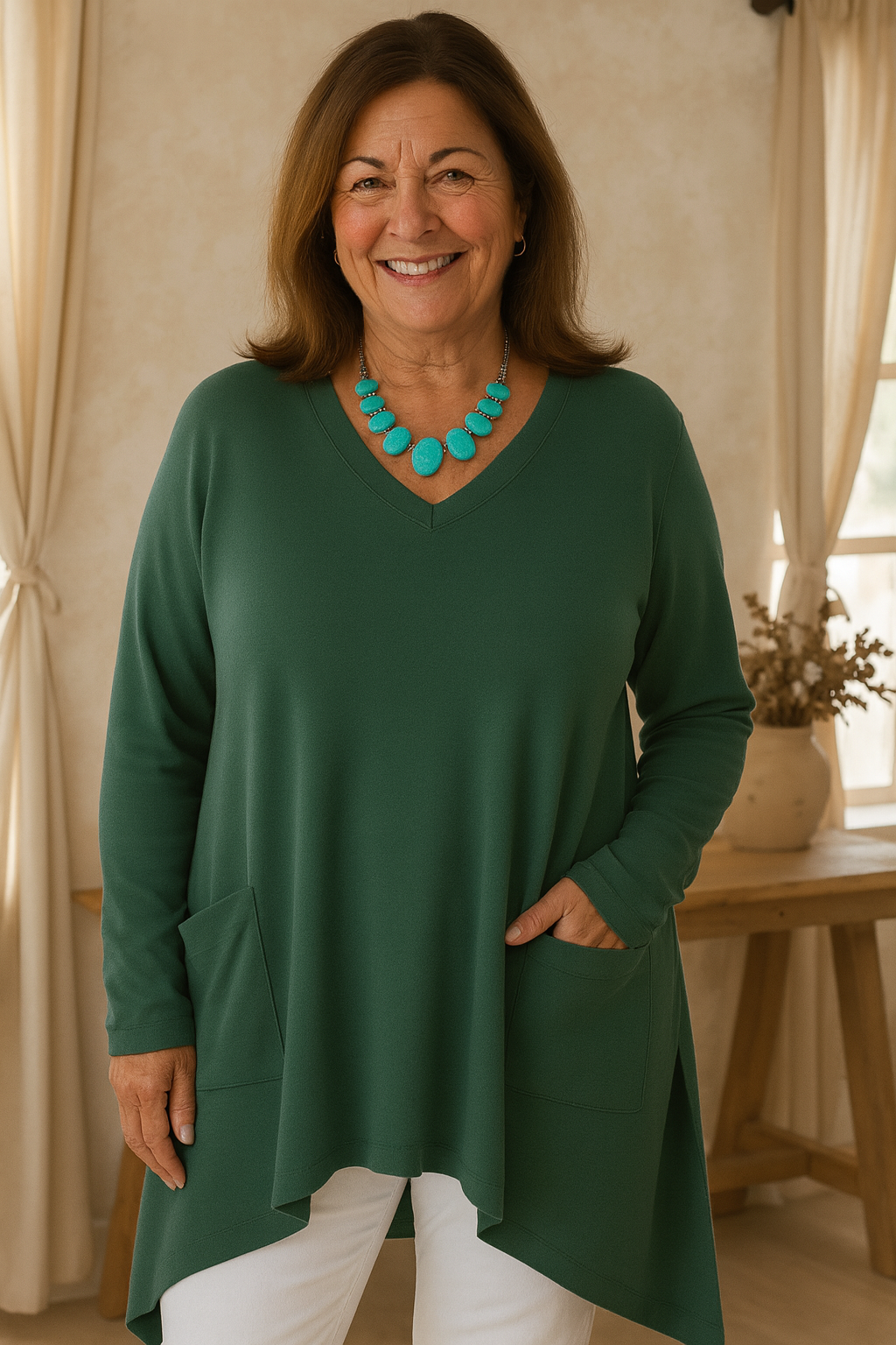 Losse V-hals Trui met Onregelmatige Zoom en Zakdetails – Casual Dames Trui voor Comfort en Stijl 1