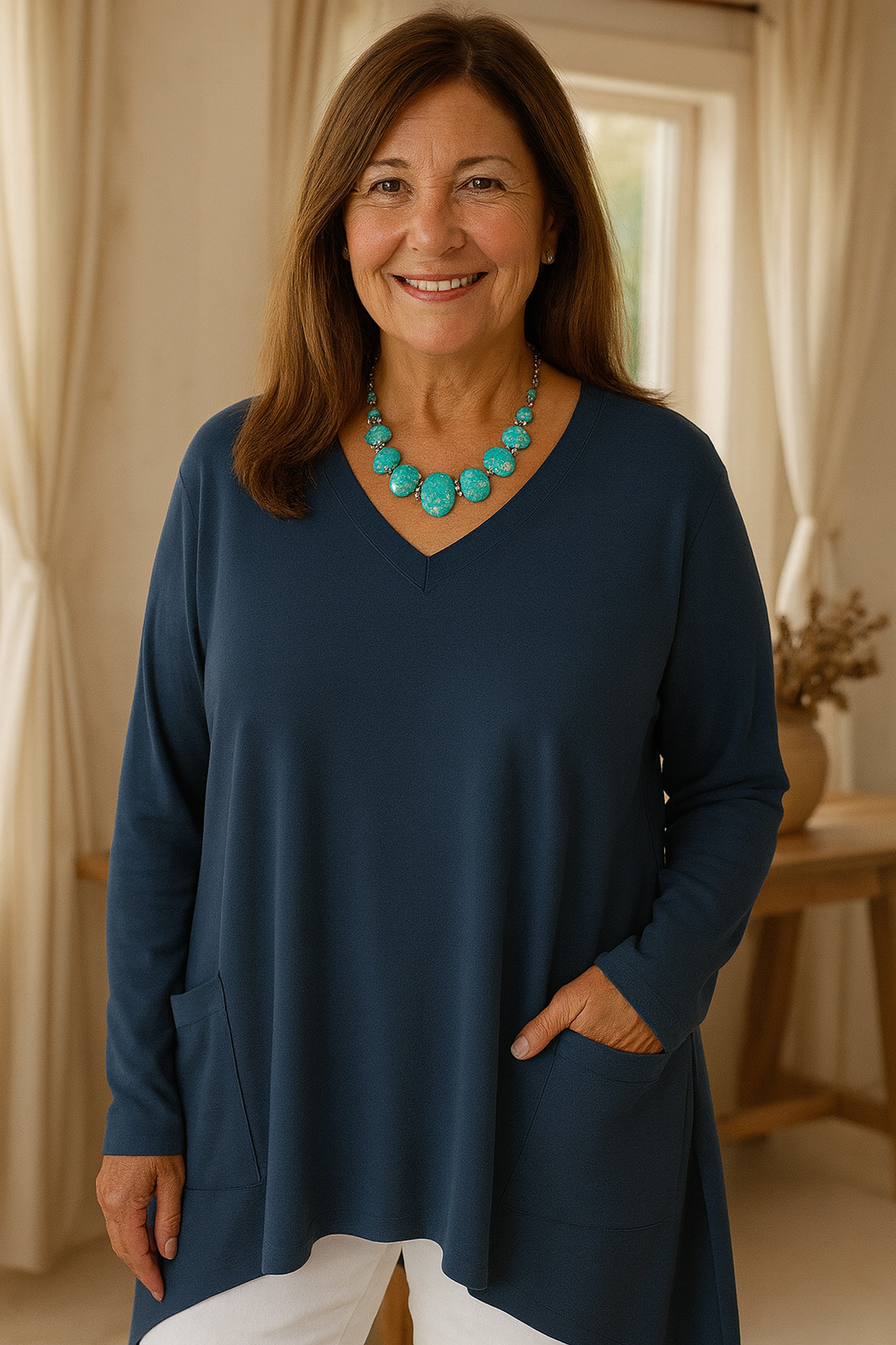 Losse V-hals Trui met Onregelmatige Zoom en Zakdetails – Casual Dames Trui voor Comfort en Stijl 2