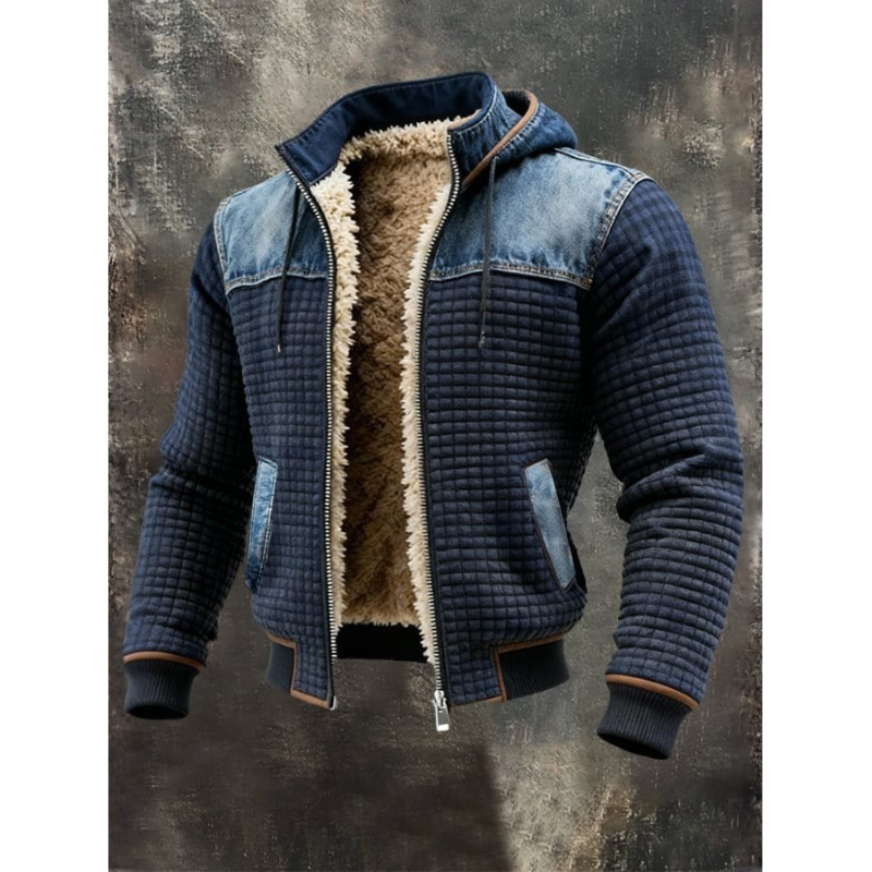 Marineblauw Gewatteerd Jack met Denimdetails – Comfortabele Jas voor Dagelijks Gebruik met Sherpavulling en Rechte Pasvorm 0
