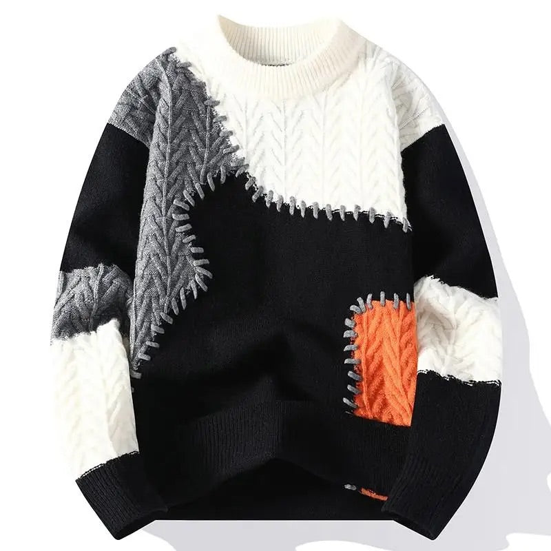 Moderne Gebreide Heren Trui met Patchwork Design in Groentinten - Zachte en Comfortabele Sweater voor Herfst en Winter 1